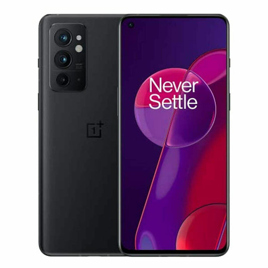 OnePlus 9RT 5G black smartphone showing back and front views with 'Never Settle' logo.