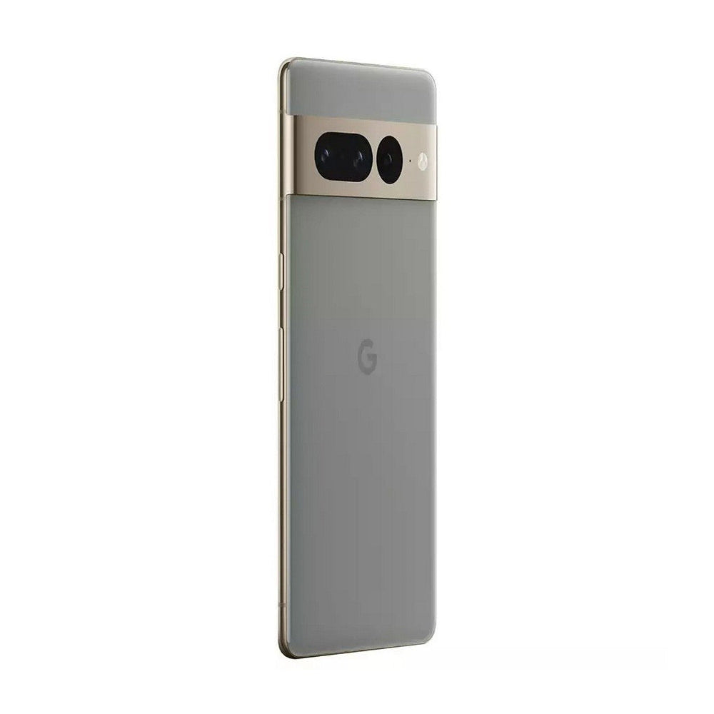 A Google Pixel smartphone shown from the back, featuring a matte gray finish with a metallic gold camera bar and a subtle gray Google 'G' logo in the center.