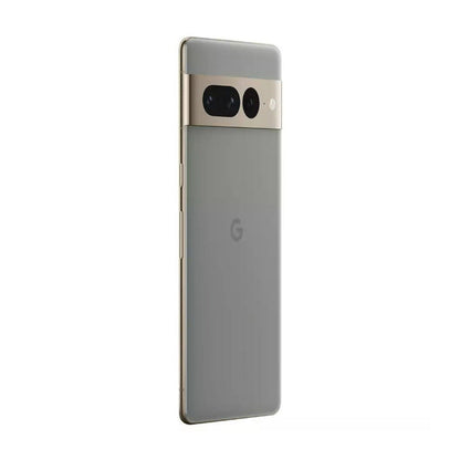 A Google Pixel smartphone shown from the back, featuring a matte gray finish with a metallic gold camera bar and a subtle gray Google 'G' logo in the center.