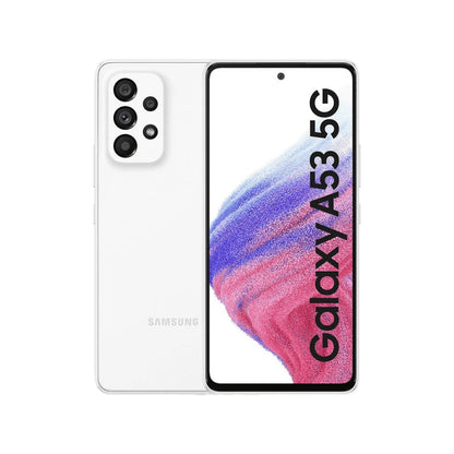 Samsung Galaxy A53 5G phone showing front and back on a white background
