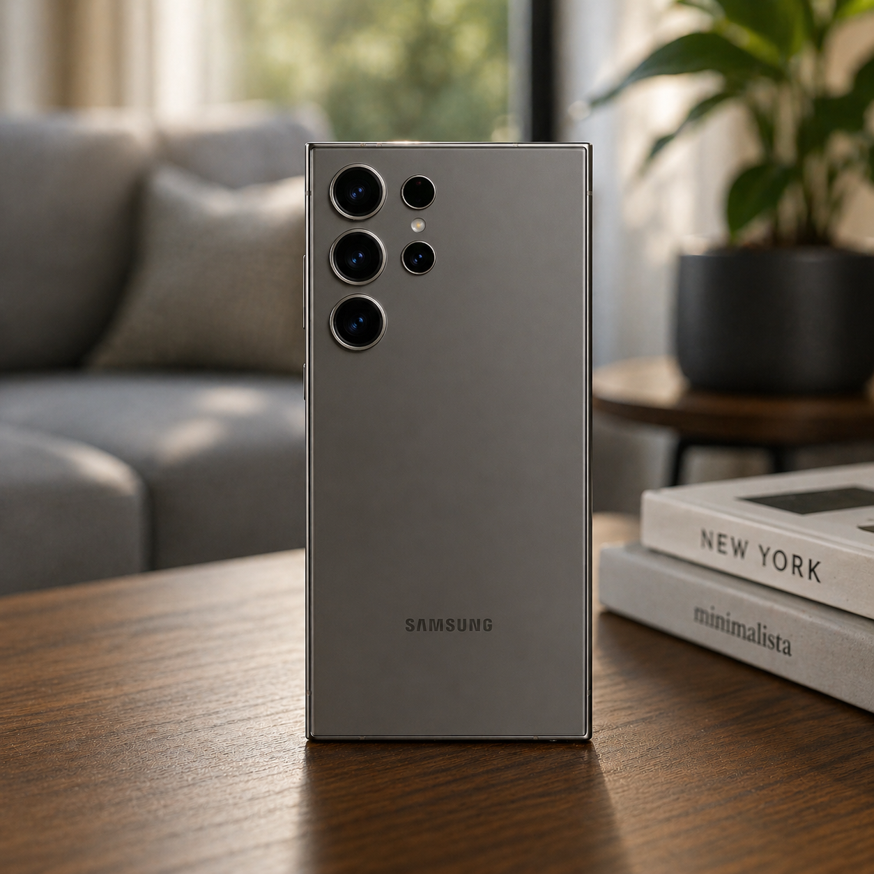 Samsung smartphone samsung galaxy s24 ultra on a wooden table with a blurred living room background