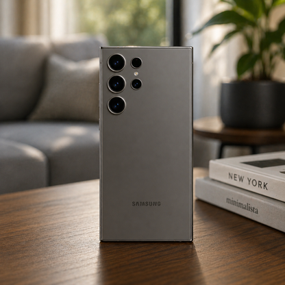 Samsung smartphone samsung galaxy s24 ultra on a wooden table with a blurred living room background