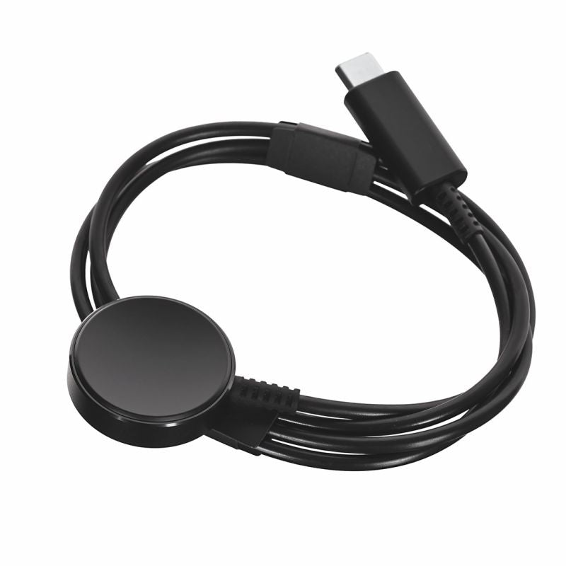 Black cable with circular connector on a white background