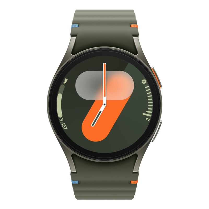 Samsung Galaxy Watch 7 with a green band on a white background
