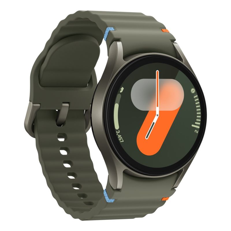 Samsung Galaxy Watch 7 with a green band on a white background