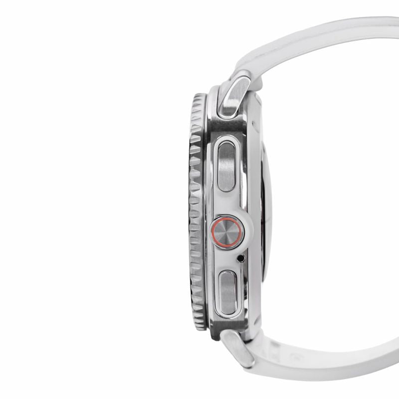 Close-up of Samsung Galaxy Watch 8 with a white strap on a white background