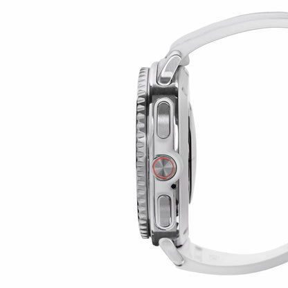Close-up of Samsung Galaxy Watch 8 with a white strap on a white background