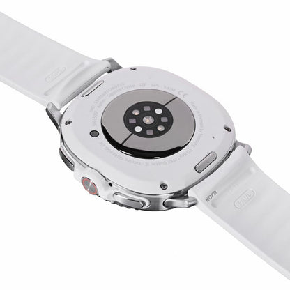 Close-up of a white Samsung Galaxy Watch 8 smartwatch on a white background