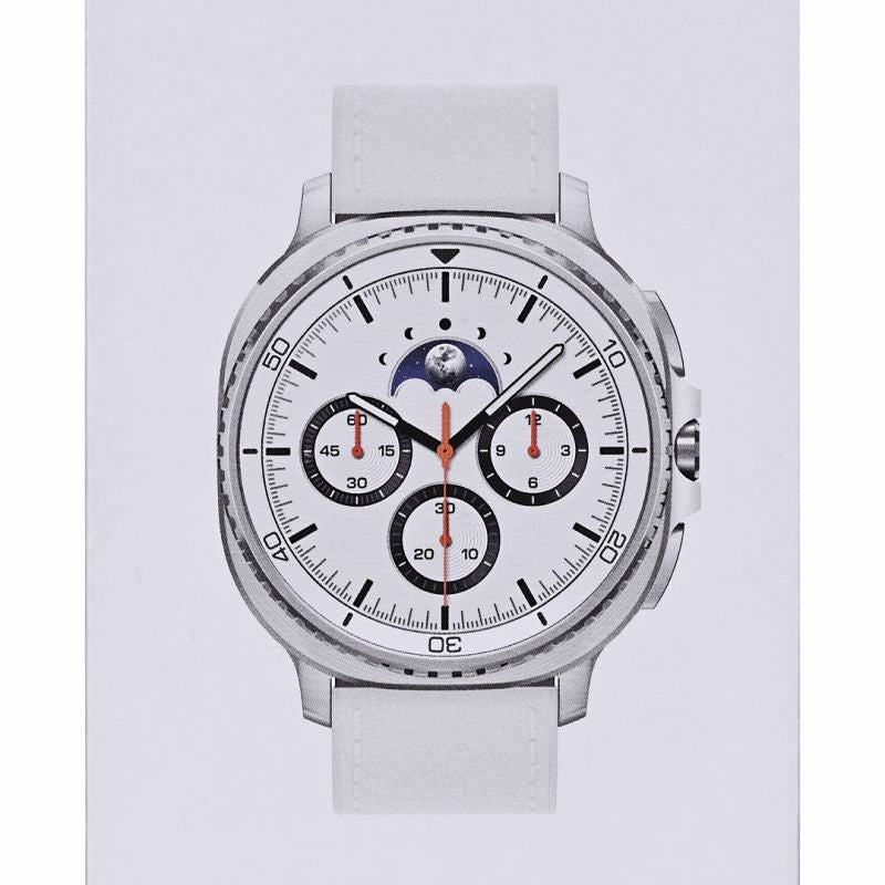 White Samsung Galaxy Watch 8 with a detailed face on a light gray background