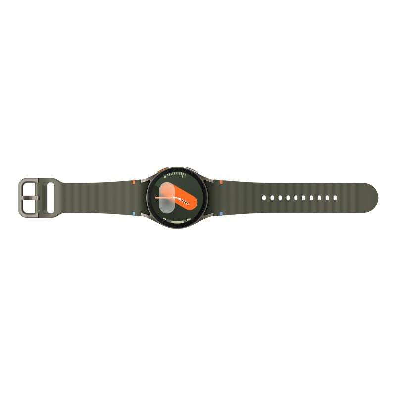 Samsung Galaxy Watch 7 with a green band on a white background